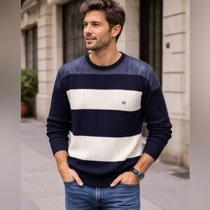 Cashmilon size Large, Navy and Cream Striped Sweater with zippered shoulders